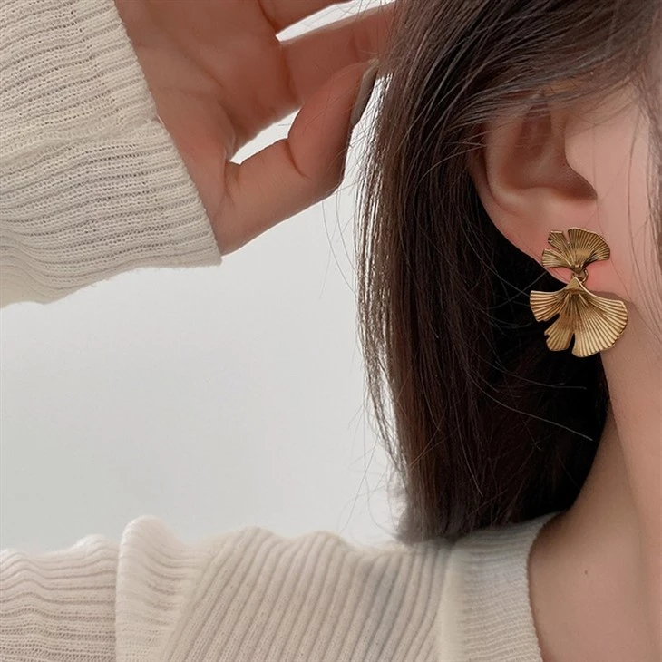 Gold Textured Ginkgo Leaf Statement Earrings price