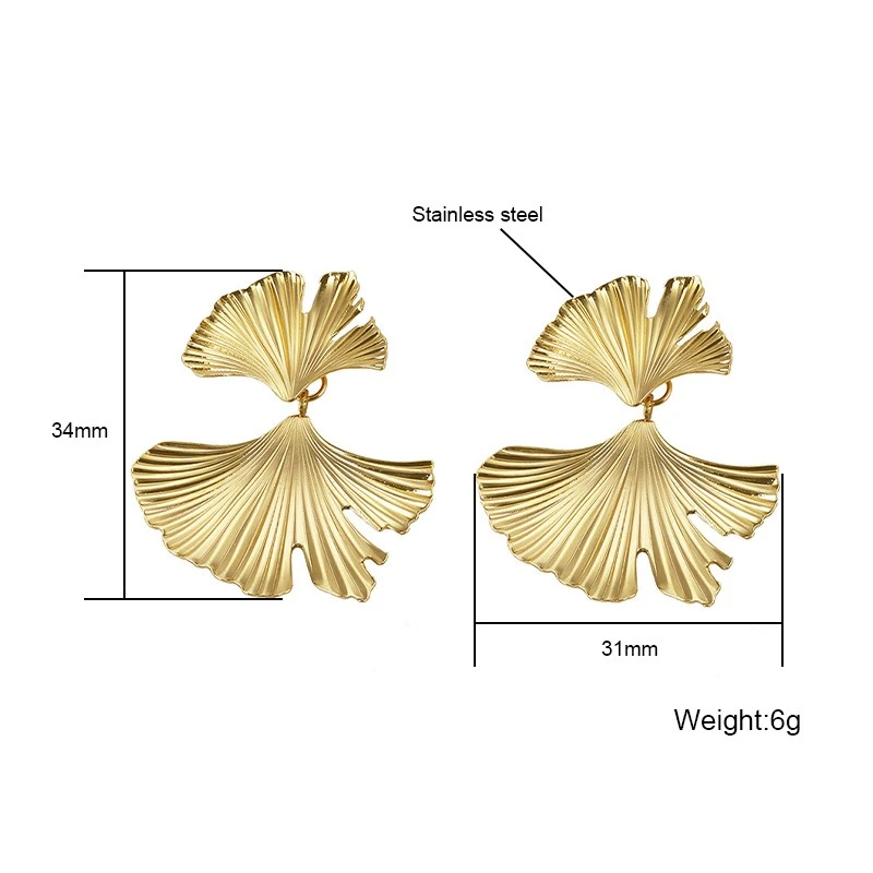 Gold Textured Ginkgo Leaf Statement Earrings size detail Gold Textured Ginkgo Leaf Statement Earrings size detail